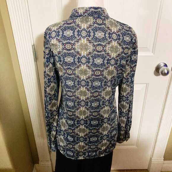 SUZY SHIER Navy blue geometric floral print button-down shirt ~ SMALL MEDIUM top - Picture 12 of 12